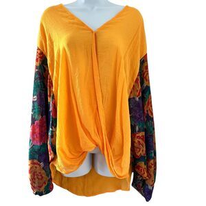 Umgee Boho Floral Dolman Sleeve Lightweight V-Neck Yellow Top Size XL